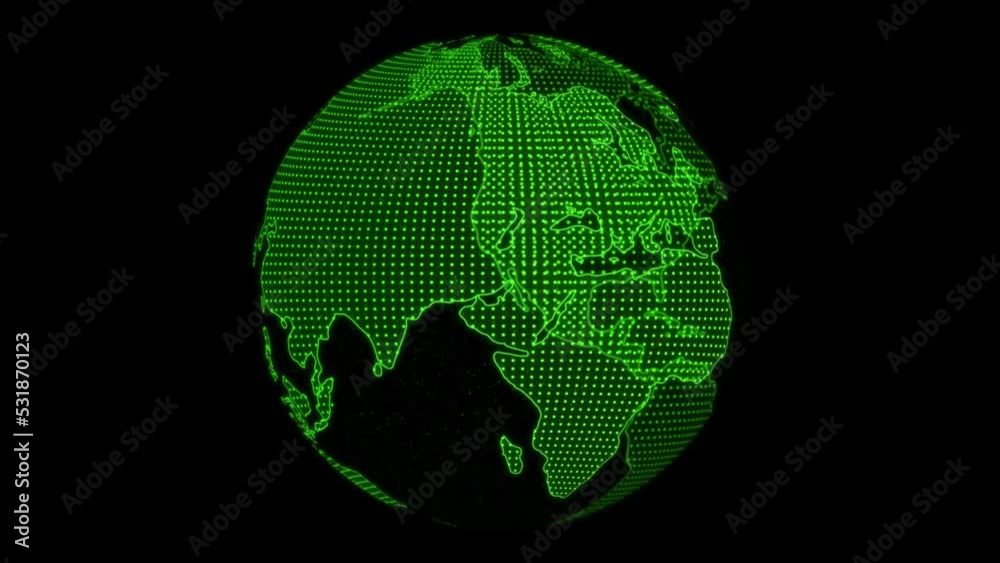 Animation of planet earth in neon green rotating on black background. Global network connection and data connections. Communication technology global world network. Digital Data Network Technology