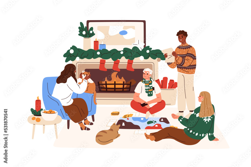 Naklejka premium Friends playing board game by fireplace at home on Christmas holiday party. Happy people relaxing in living room in winter evening at Xmas eve. Flat vector illustration isolated on white background