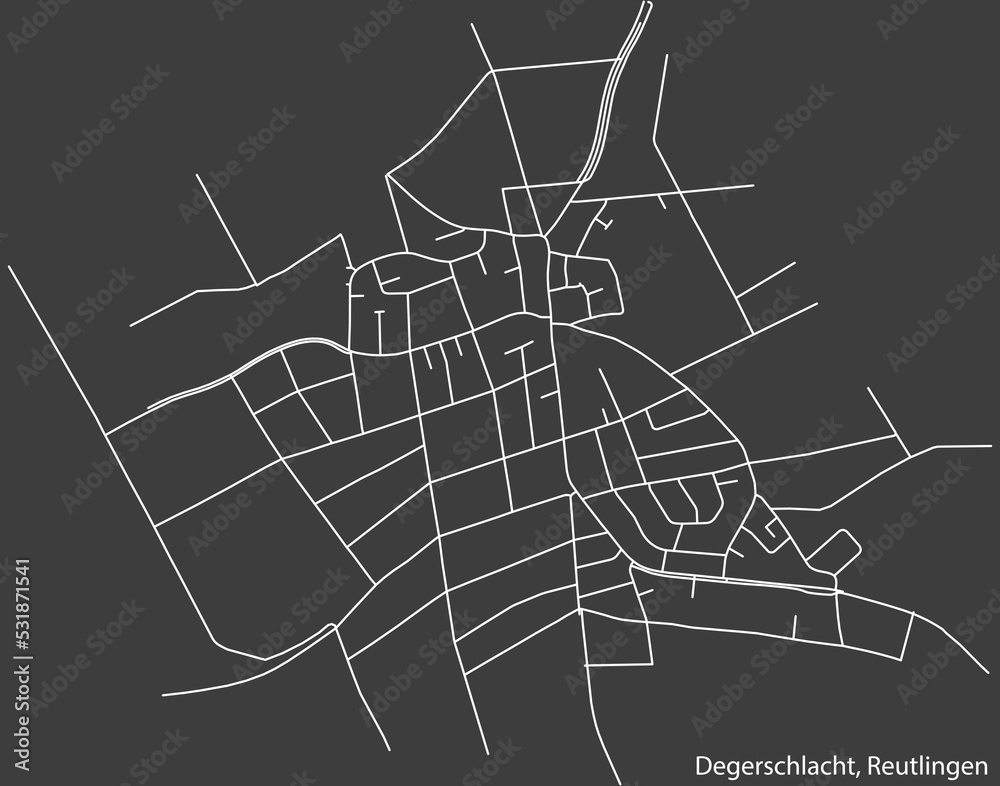 Detailed negative navigation white lines urban street roads map of the DEGERSCHLACHT QUARTER of the German regional capital city of Reutlingen, Germany on dark gray background
