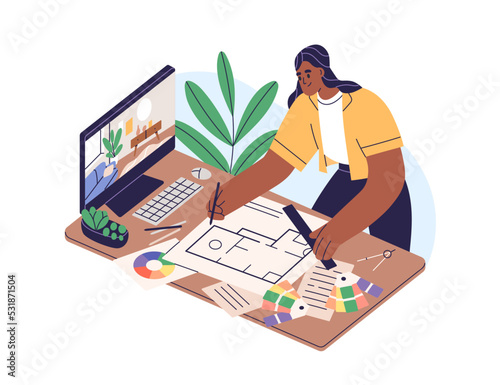 Interior designer at work, drawing floor plan, creating home layout with furniture. Woman working under house design project at computer table. Flat vector illustration isolated on white background