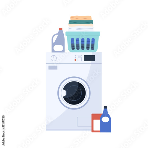 Electric washing machine, detergents and laundry in basket. Home washer appliance, bottles and stacked clean clothes, fresh garments. Flat vector illustration isolated on white background