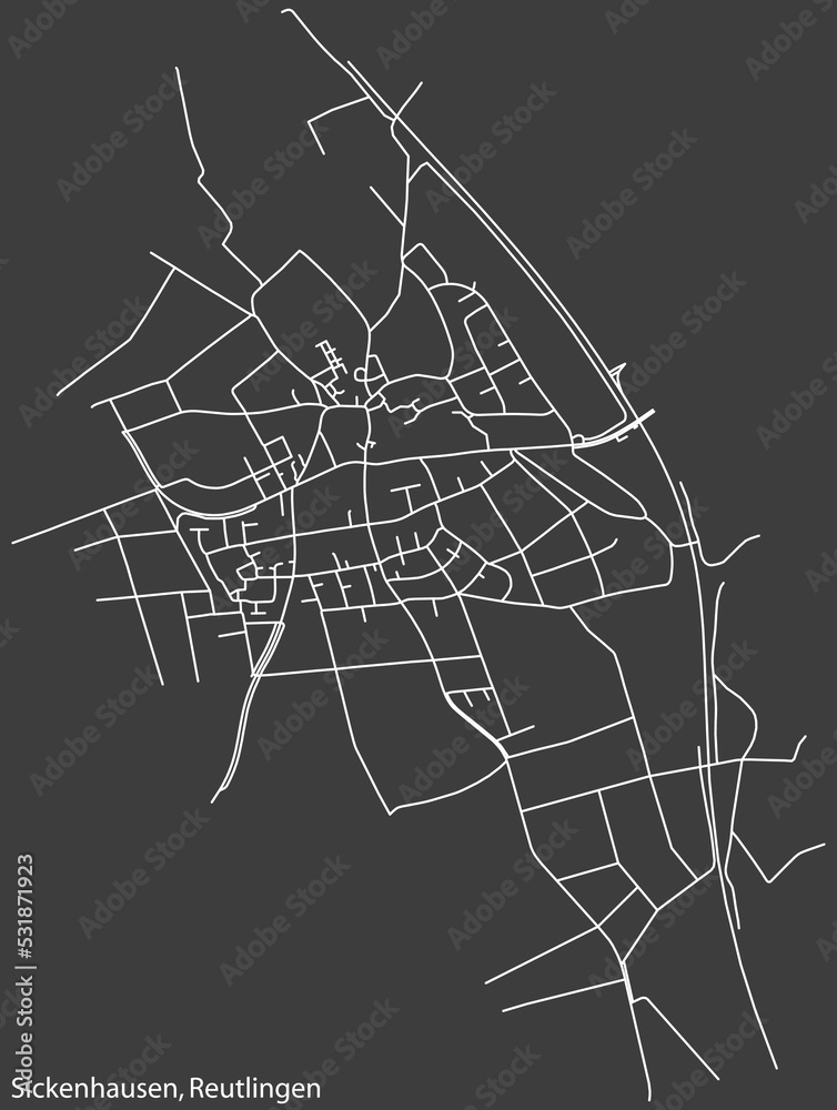Detailed negative navigation white lines urban street roads map of the SICKENHAUSEN QUARTER of the German regional capital city of Reutlingen, Germany on dark gray background