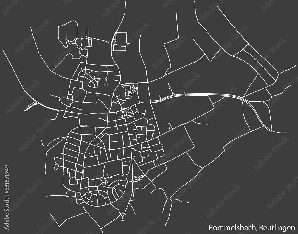 Detailed negative navigation white lines urban street roads map of the ROMMELSBACH QUARTER of the German regional capital city of Reutlingen, Germany on dark gray background