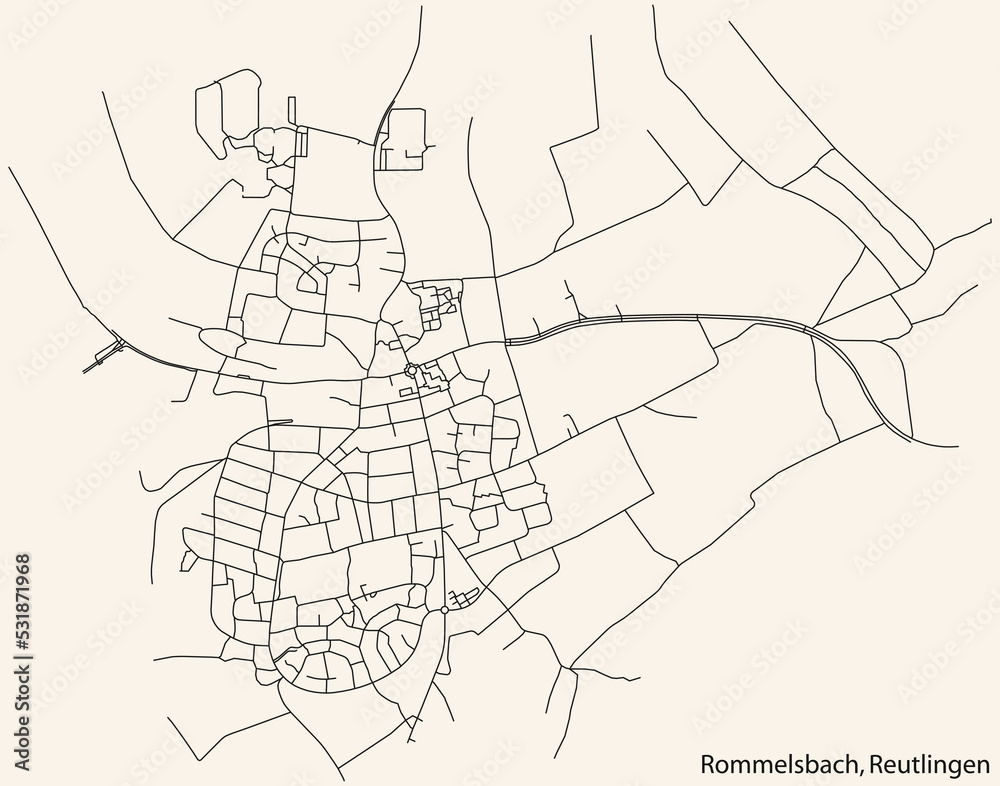 Detailed navigation black lines urban street roads map of the ROMMELSBACH QUARTER of the German regional capital city of Reutlingen, Germany on vintage beige background