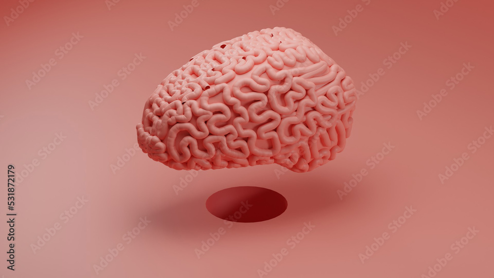 3D Render of a Pink Simplistic Brain Model floating over a hole in the floor against a Pink Background 3D Render of a Pink Simplistic Brain Model floating over a hole in the floor against a Pink Background
