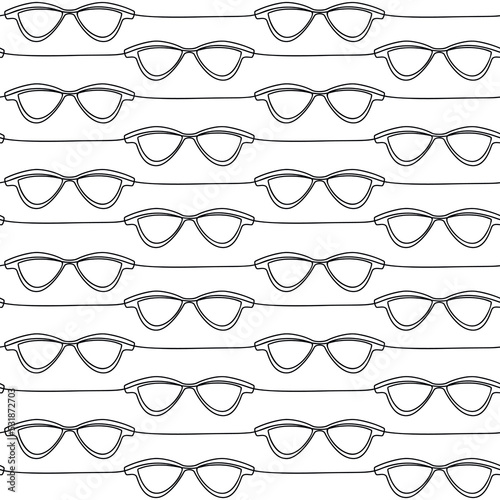 Outline vector sunglasses icon seamless pattern. One line continuous hand drawn illustration. Wallpaper, graphic linear background, fabric, print, wrapping paper.