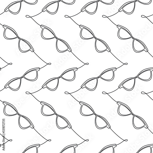 Outline vector sunglasses icon seamless pattern. One line continuous hand drawn illustration. Wallpaper, graphic background, fabric, print, wrapping paper.