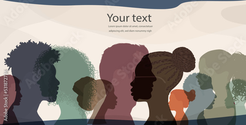 Banner silhouette profile group of men and women of diverse cultures. Diversity multicultural people. Concept of racial equality and anti-racism.Multiethnic  community. Friendship. Allyship