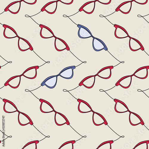 Vector sunglasses icon seamless pattern. One line continuous hand drawn illustration. Wallpaper, graphic background, fabric, print, wrapping paper.