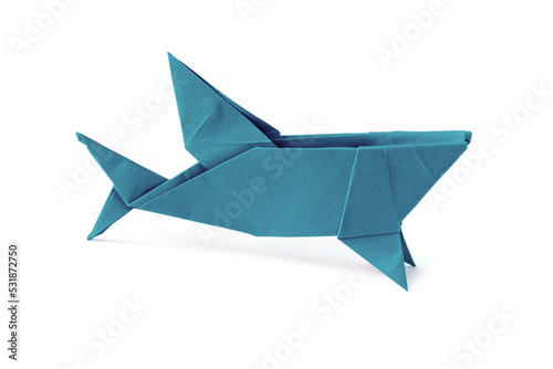 Blue paper shark origami isolated on a white background
