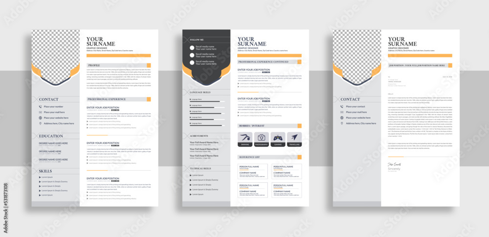 Clean Modern Resume and Cover Letter Layout Vector Template for Business Job Applications, Minimalist resume cv template