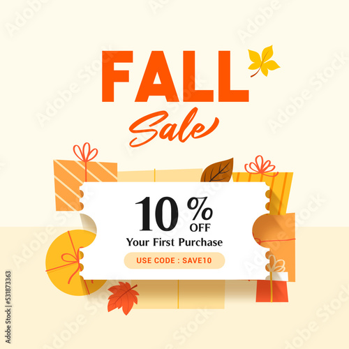 Fall sale gift boxes coupon template vector illustration. Promotion coupon code.