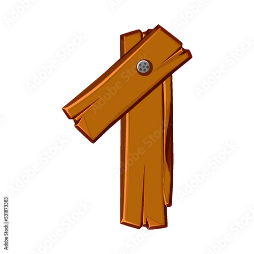 Wooden number 1. Cartoon wooden plank in One digit