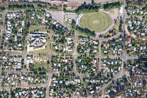 Bird's eye view shot of Castlemain football arena and rail station in Victoria, Australia photo