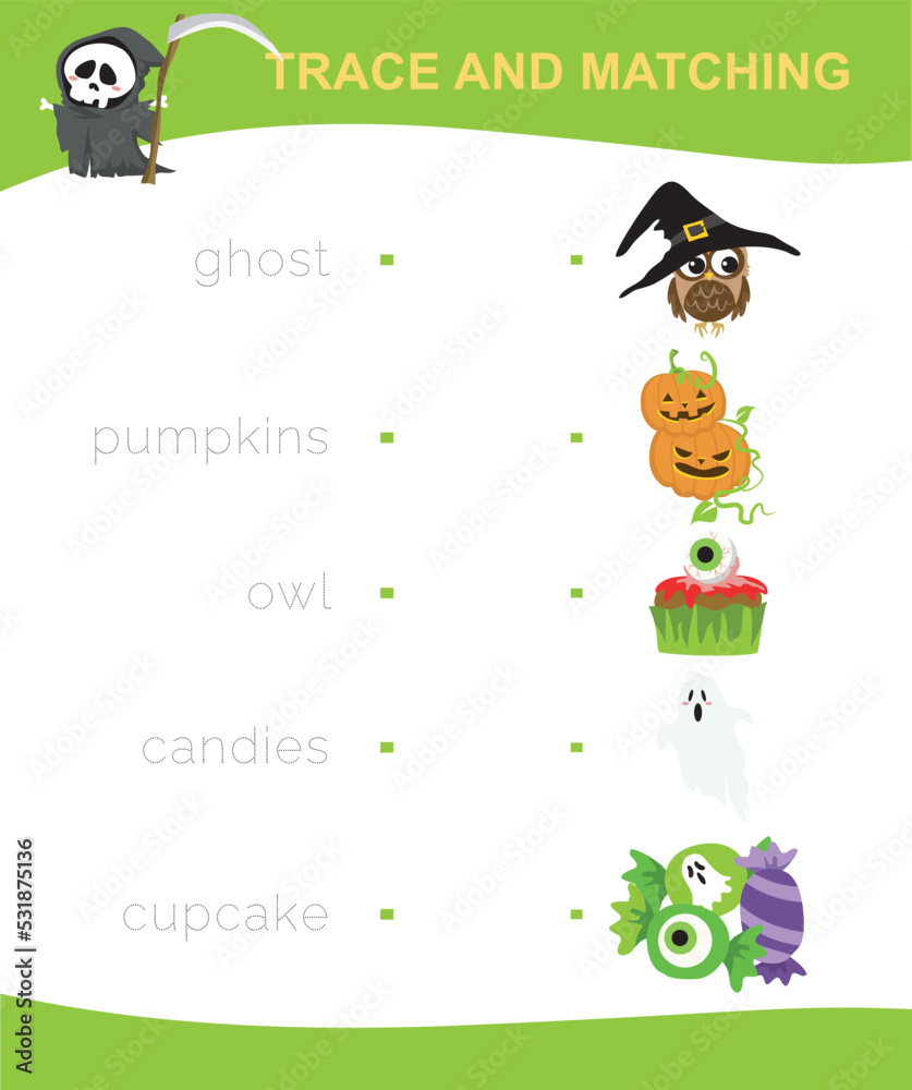 Fototapeta premium Printable worksheet trace and matching words with images. Educational printable worksheet with Halloween theme. cute Halloween character and items. Vector illustration.