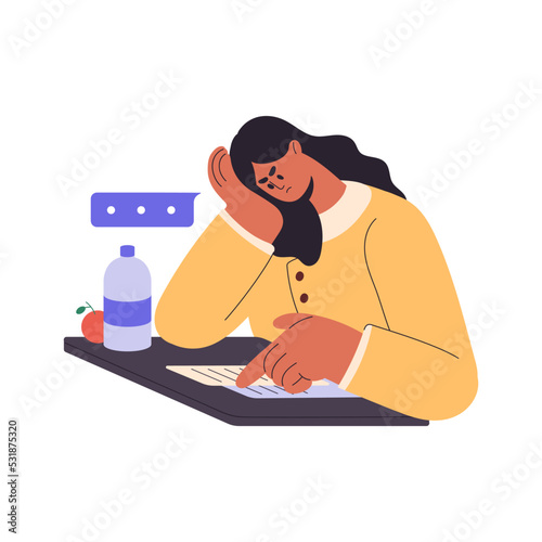 Puzzled girl student thinks about difficult task in exam paper. Confused embarrassed person at desk at college examination, academic test. Flat graphic vector illustration isolated on white background