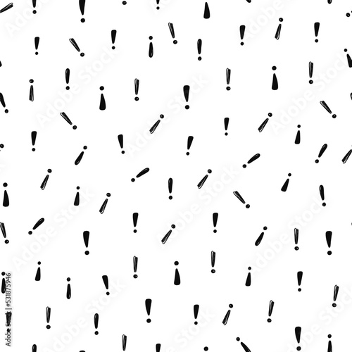 Hand drawn exclamation mark seamless pattern. Scribble doodle exclamation point sign background. Hand drawn sketch danger pattern. Vector illustration