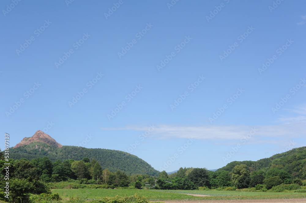 Green rural landscape with rice fields and Shōwa-shinzan volcano on a sunny day with blue sky in Hokkaido island, northern Japan, Asia