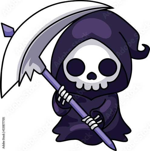 Cute Grim Reaper holding scythe isolated on white background