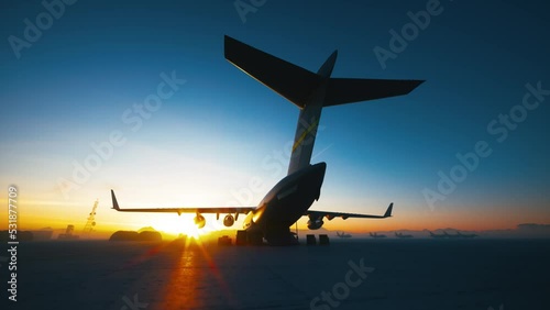 Military cargo plane at sunset. Military plane loading at the airport. 3d visualization photo