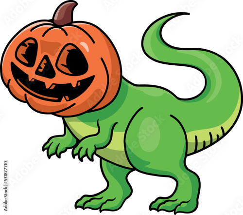 Green dinosaur with carved pumpkin head - Halloween concept