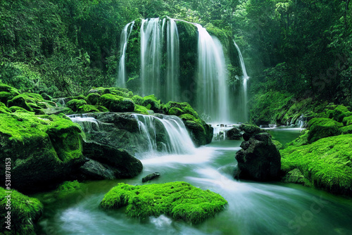 Fotografija Waterfall landscape with rocks covered in green moss