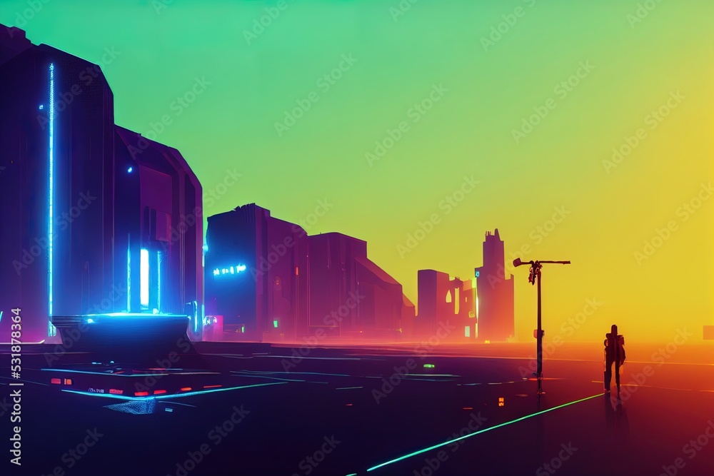 Cyberpunk City landscape with a sunset, Ai Generated Cyberpunk Wallpaper/ Background, Stock Illustration