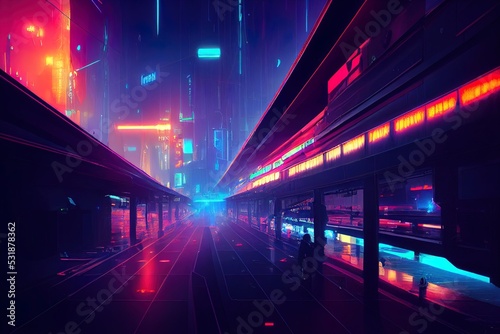 Cyberpunk Urban Abstract Future Wallpaper. Industrial Futuristic concept. Blue pink violet Evening urban landscape. 3D render © Valeriy