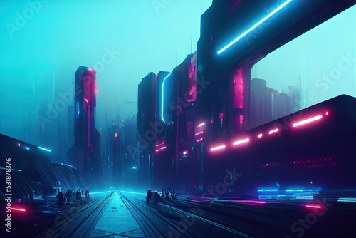 Cyberpunk Urban Abstract Future Wallpaper. Industrial Futuristic concept. Blue pink violet Evening urban landscape. 3D render