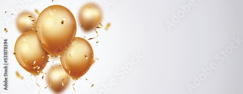 Celebration banner with gold confetti and balloons, isolated on transparent backgroound