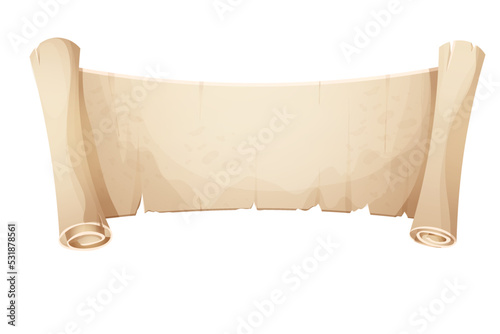 Parchment paper ancient old scroll, page empty medieval letter in cartoon style isolated on white background. Game asset, grunge frame, manuscript.