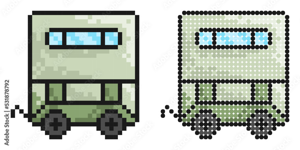 Pixel icon. Trailer for transporting building materials and animals. Working on farm, transporting goods by car. Simple retro game vector isolated on white background Pixel icon. Trailer for transporting building materials and animals. Working on farm, transporting goods by car. Simple retro game vector isolated on white background