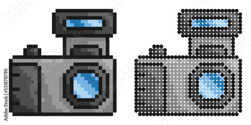 Pixel icon. Camera, equipment for photography and selfie. World Photography Day August 19th. Simple retro game vector isolated on white background