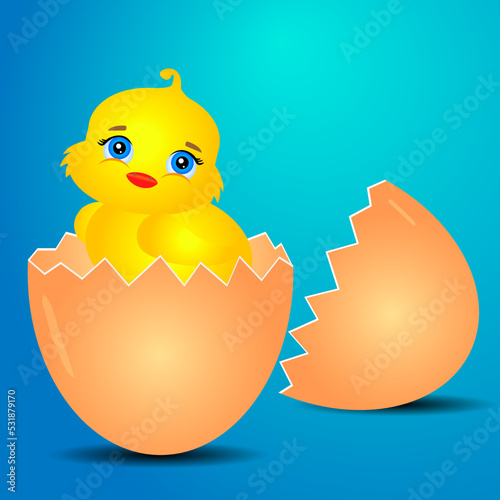 A yellow chicken hatched from an egg on a blue background