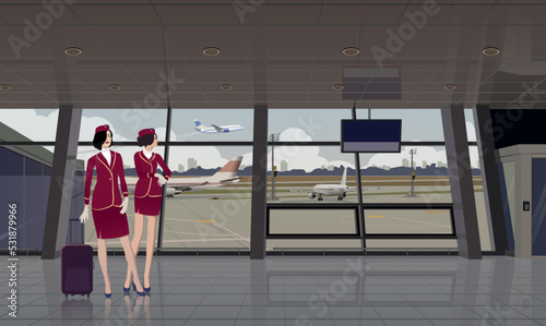 Flight attendants at the airport terminal. Vector.