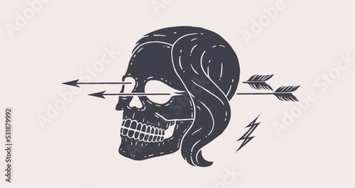 Skull girl. Poster of vintage black skull woman, hipster label, portrait girl on white background. Retro old school illustration for t-shirt print, tattoo, fashion theme. Vector Illustration