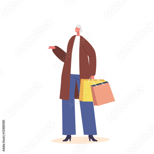 Single Senior Female Character Wear Trendy Clothes Holding Shopping Bags Isolated on White Background