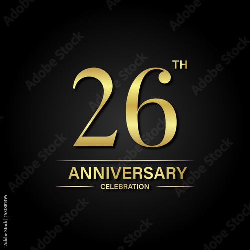 26th anniversary celebration with gold color and black background. Vector design for celebrations, invitation cards and greeting cards.