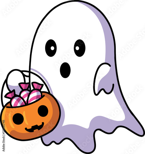 Cute ghost with candies in Halloween basket