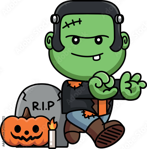 Cute kawaii Frankenstein on white background