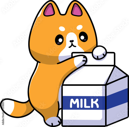 Cute kawaii cat drinking milk