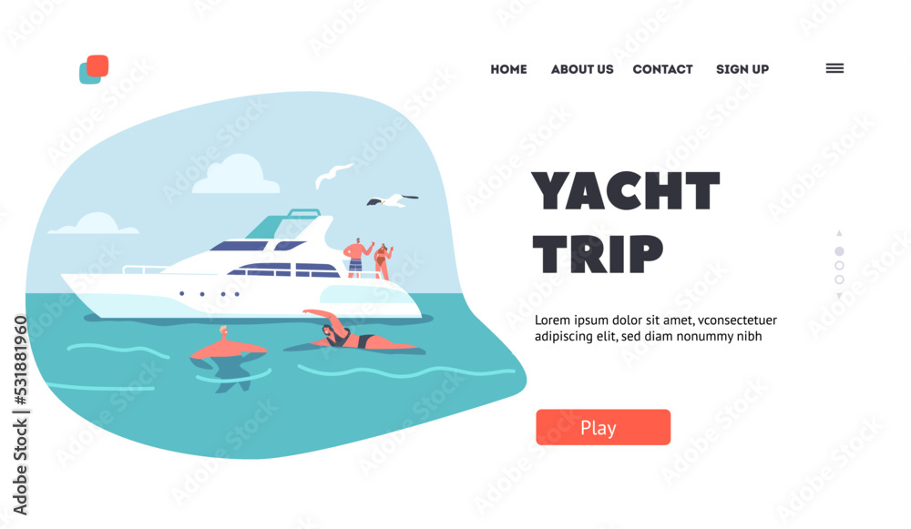 Yacht Trip Landing Page Template. Characters Traveling on Luxury Yacht at Sea, Man and Woman Swimming and Relax