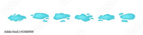 Fototapeta Water puddle vector icon, spill and drop rain, blue liquid, cartoon splash, wet floor, drip set, simple stain, oil blob isolated on white background