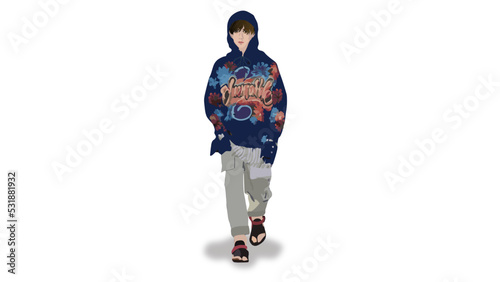A young Asian man wearing deep blue floral pattern hoodie, light grey pants with patched pockets, mix and match with black and red sandals , realistic minimalist illustration vector