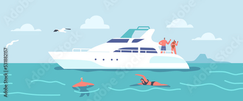 Characters Traveling on Luxury Yacht at Sea on Summertime, Man and Woman Swimming in People , Man Drinking Cocktails © Pavlo Syvak