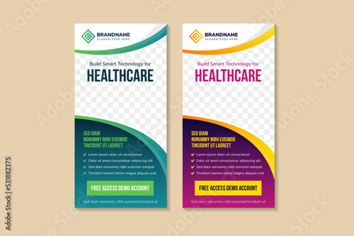 set of abstract curve vertical roll up banner design template for build a smart technology for healthcare. background with green and purple gradient colors. space for photo collage and text. 