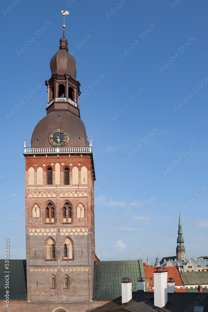 Cathedral Church of Saint Mary, seat of the Archbishop, Evangelical Lutheran Dome cathedral with tower and weathercock in Riga Old Town, capital of Latvia