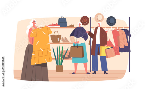 Cheerful Senior Women with Shopping Bags Purchasing Clothes in Mall. Old Ladies Characters Buying Dress in Outlet