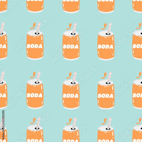 Seamless pattern of soda on blue background. Carbonated water, fast food, junk food. Cold drinks. Hand drawn colorful vector illustration