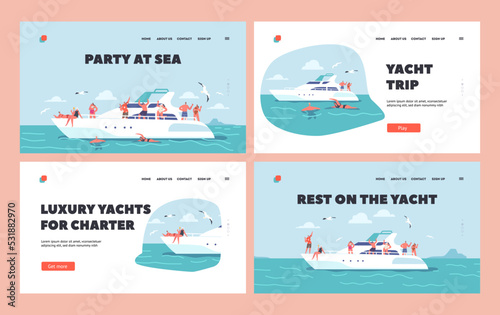Party at Sea Landing Page Template Set. Young People Relax on Luxury Yacht at Ocean. Happy Characters Rest on Ship
